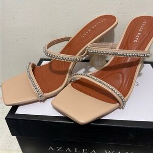 AKIRA Beige Rhinestone Strap Heels